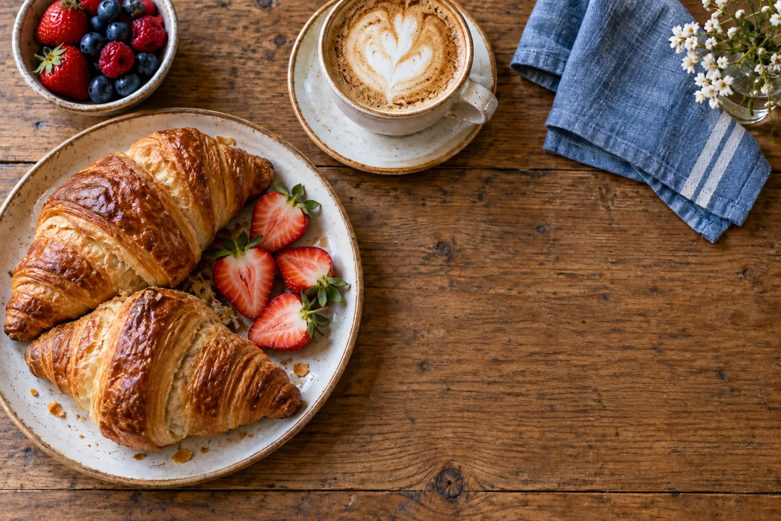 Breakfast photo with the white Slow Mornings caption removed from a wooden tabletop after the example edit