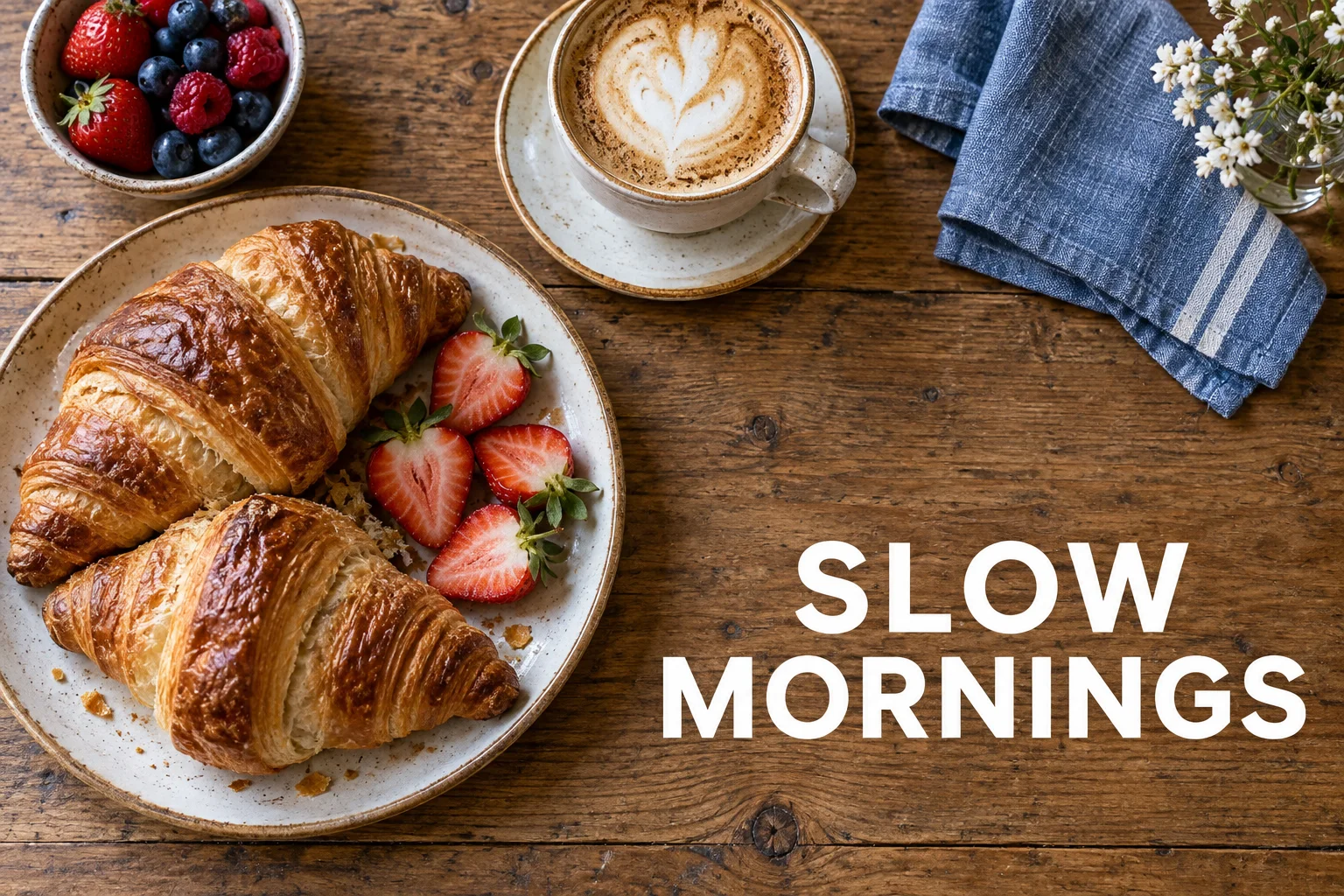 Breakfast photo with the white Slow Mornings caption removed from a wooden tabletop before editing
