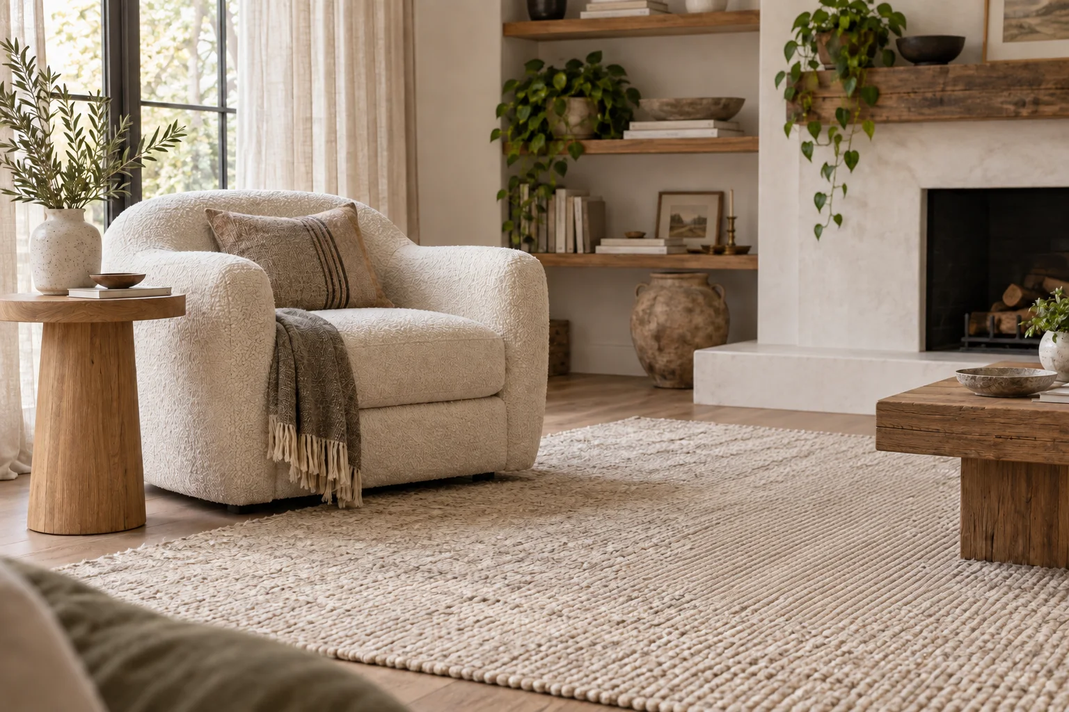Living room with a red backpack removed from a woven rug after the example edit