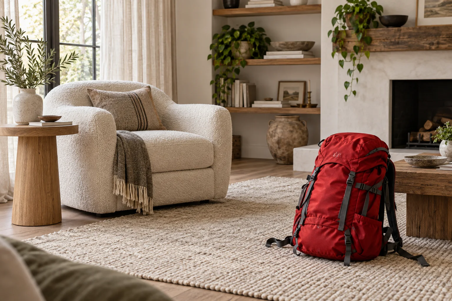 Living room with a red backpack removed from a woven rug before editing