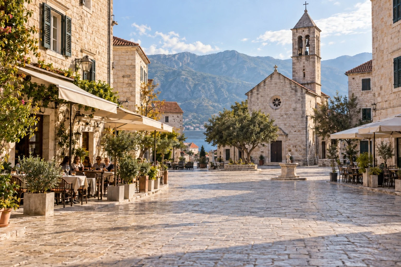 Mediterranean plaza with a foreground passerby removed after the example edit