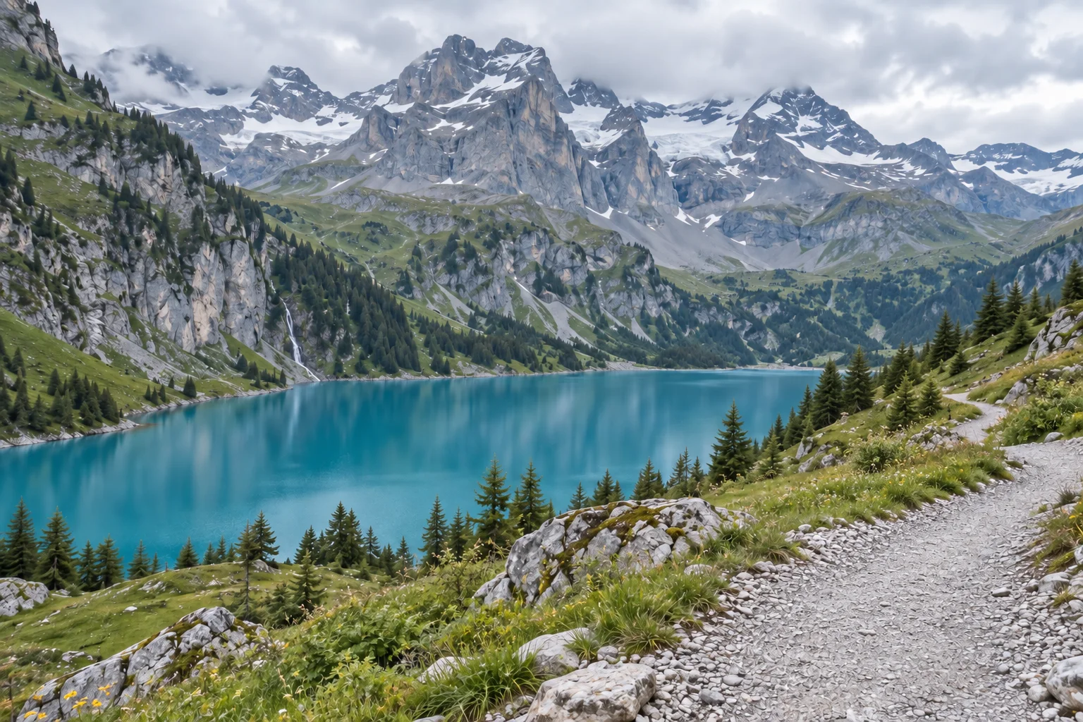 Alpine lake landscape with the foreground hiker and backpack removed after the example edit