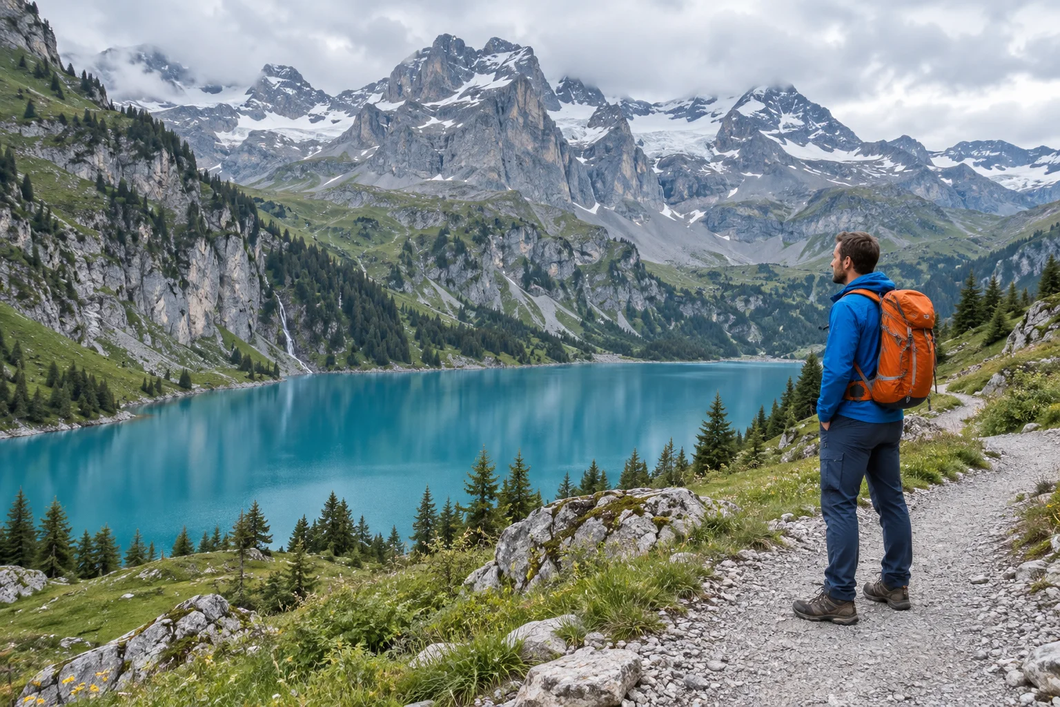 Hiker with an orange backpack on a gravel path overlooking an alpine lake
