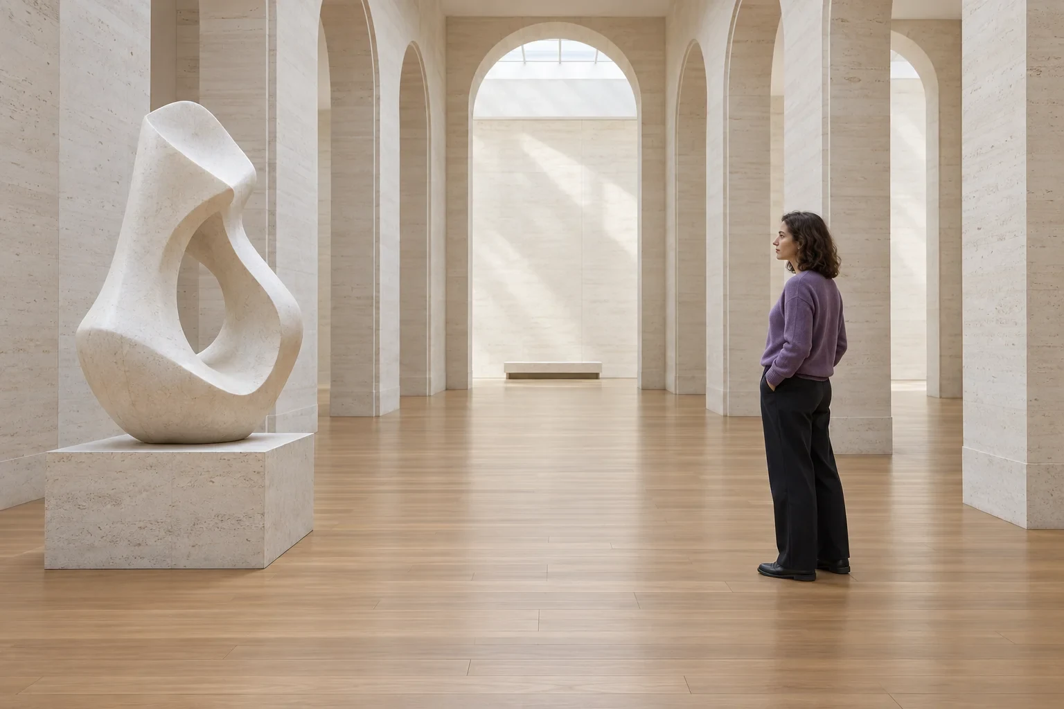 Sculpture gallery with the purple-sweater visitor removed before editing