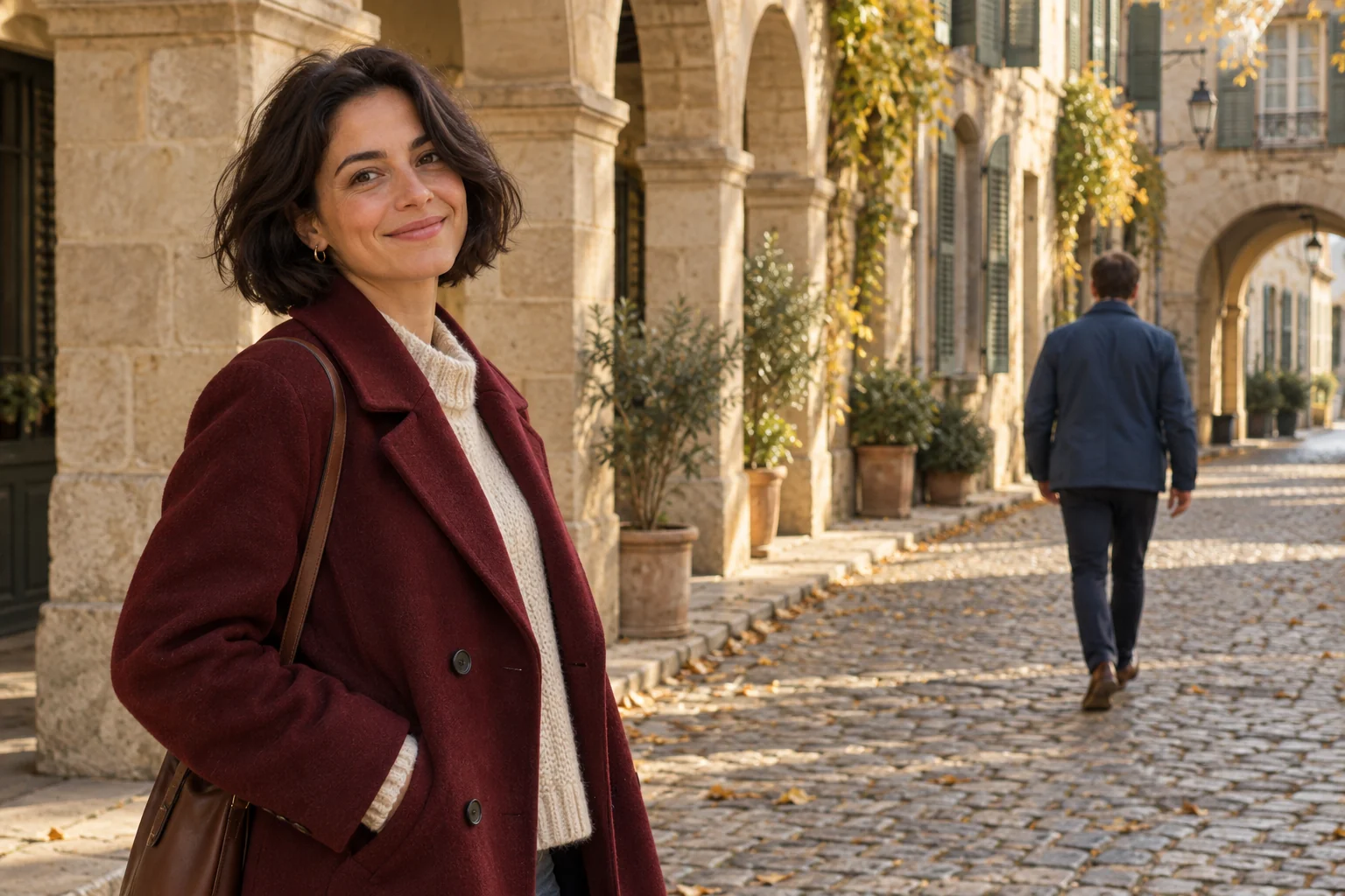 Autumn street portrait with a background passerby removed before editing